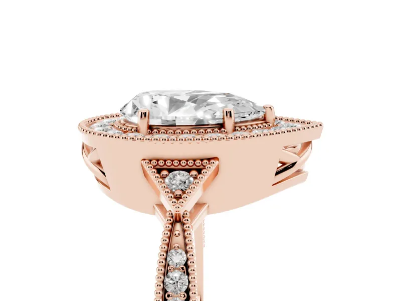 Pear-Shaped Vintage Milgrain Halo Engagement Ring Setting | Graduated Pavé Band | Rose Gold