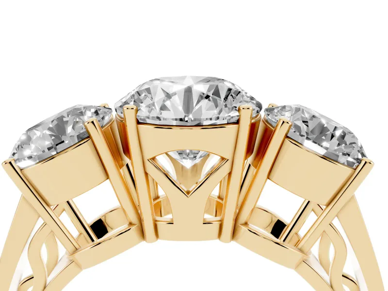 Round Three Stone Engagement Ring Setting | Beaded Shoulders | Yellow Gold