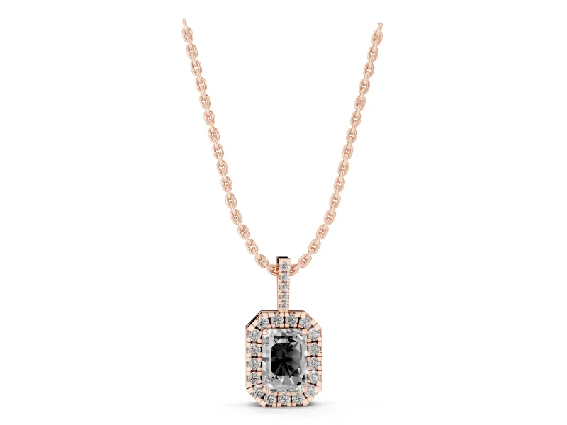 Emerald Cut Lab-Grown Diamond Halo Pendant Necklace | Graduated Pavé Bail | Rose Gold