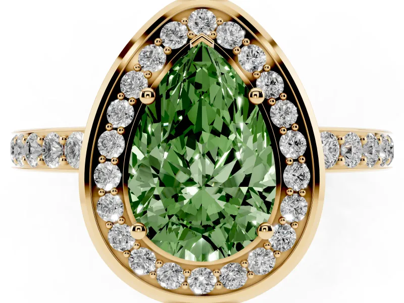 Fancy Green Pear Cut Diamond Halo Ring Set in Yellow gold with Bezel Frame and Pavé Band