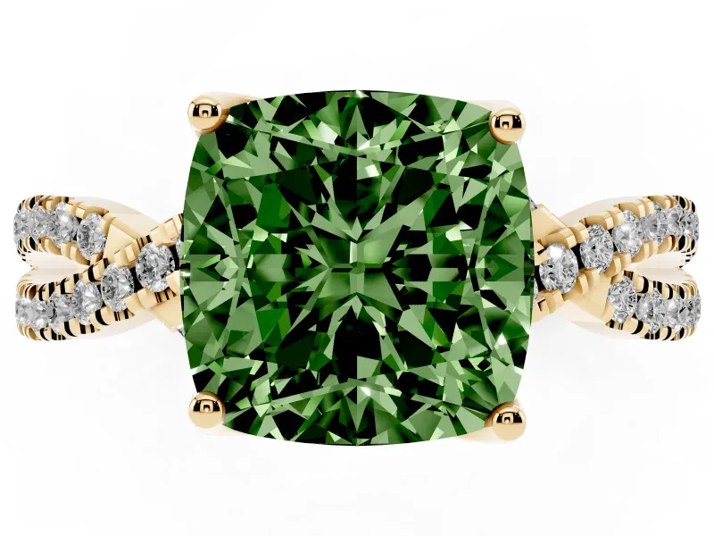 Cushion Cut Twisted Pave Engagement Ring Setting for a Fancy Green Lab-Grown Diamond | Split Shank | Yellow Gold