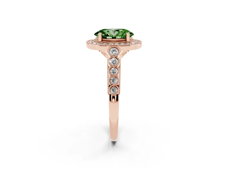 Fancy Green Oval Cut Diamond Milgrain Halo Solitaire Ring Set in Rose gold with Bezel Set Side Stones and Pavé Band