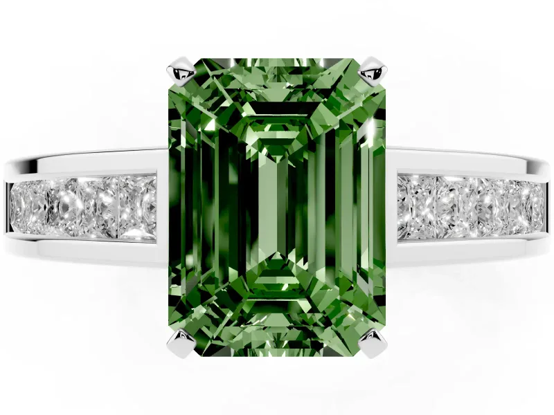 Fancy Green Emerald Cut Diamond Solitaire Ring Set in Silver with Channel-Set Band and Prong Setting