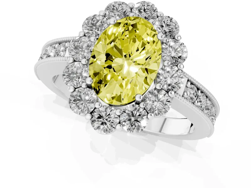 Oval Vintage Halo Engagement Ring Setting for a Fancy Yellow Lab-Grown Diamond | Milgrain Channel Band | Sterling Silver