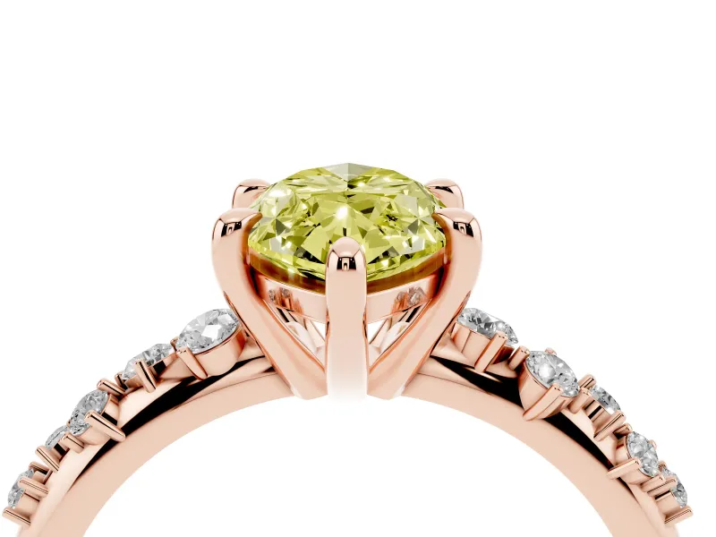 Fancy Yellow Marquise Cut Diamond Solitaire Vine Band Ring Set in Rose gold with Round Accents and Prong Setting