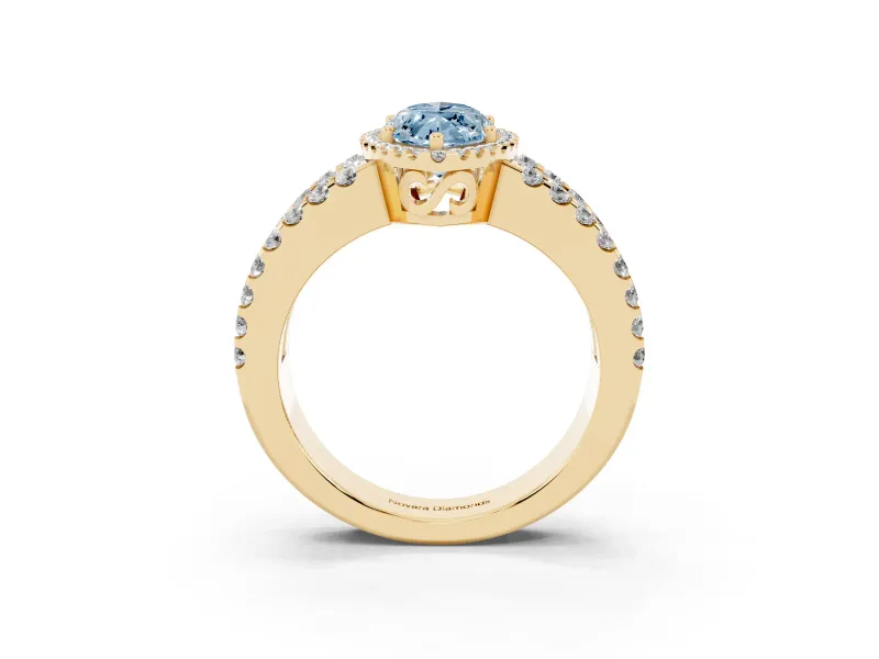 Fancy Blue Marquise Cut Diamond Halo Ring Set in Yellow gold with Pavé Split Shank and Prong Setting