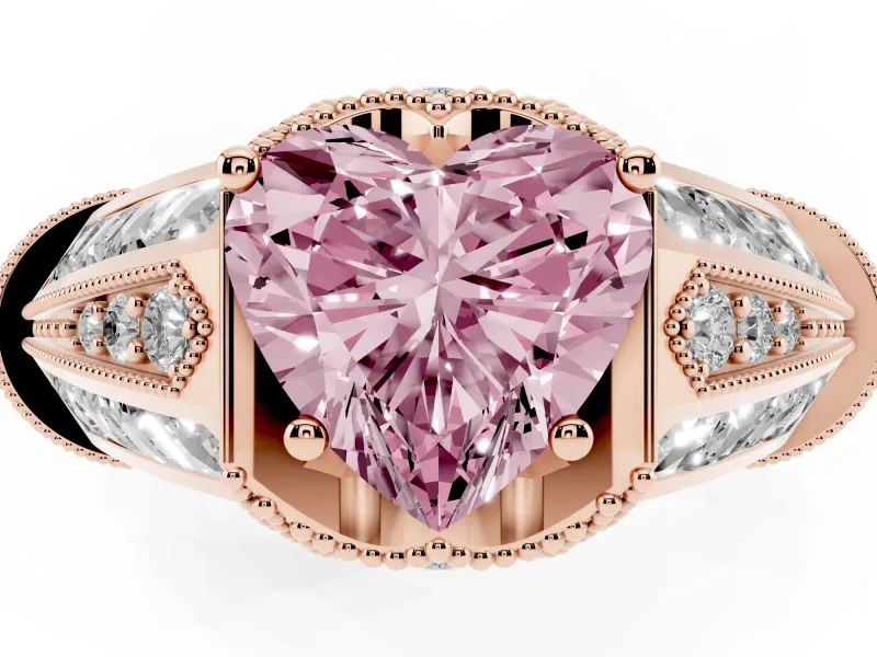 Fancy Pink Heart Cut Diamond Vintage-Inspired Milgrain Ring Set in Rose gold with Accent Split Shank