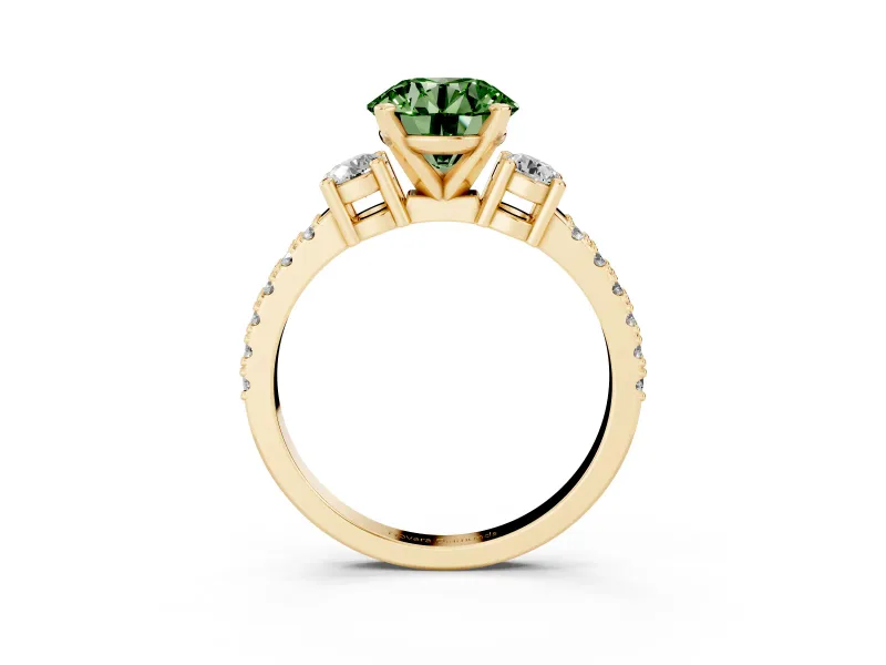 Fancy Green Three-Stone Round Cut Diamond Pavé Band Ring Set in Yellow gold with Prong Setting
