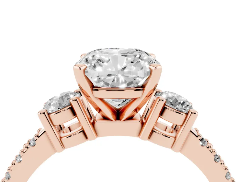 Cushion Cut Three Stone Pavé Engagement Ring Setting | Round Side Stones | Rose Gold
