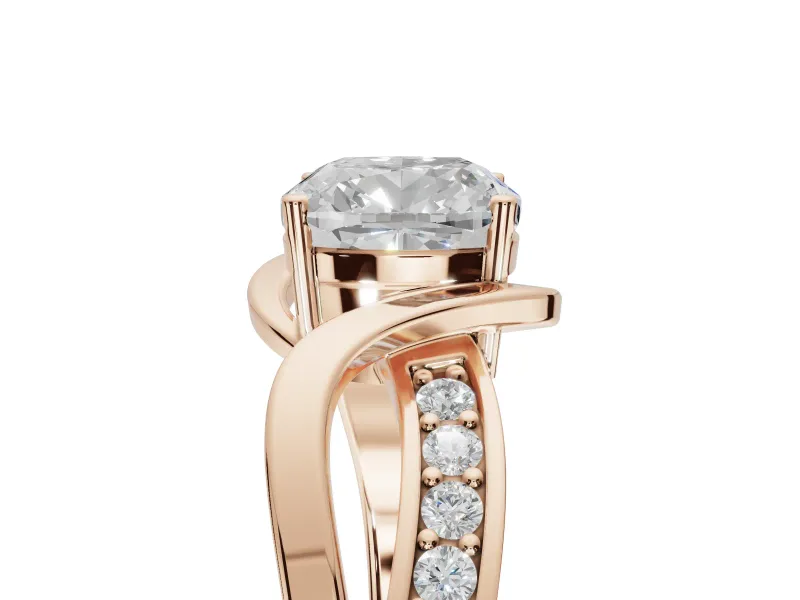 Cushion Cut Bypass Solitaire Engagement Ring Setting | Pavé and Plain Strands | Rose Gold