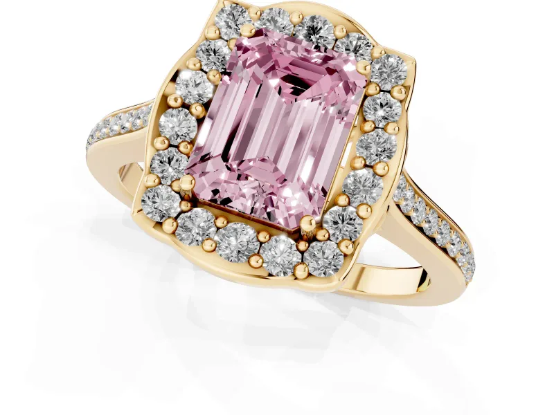 Emerald Cut Petal Tip Halo Engagement Ring Setting for a Fancy Pink Lab-Grown Diamond | Pavé Band | Yellow Gold