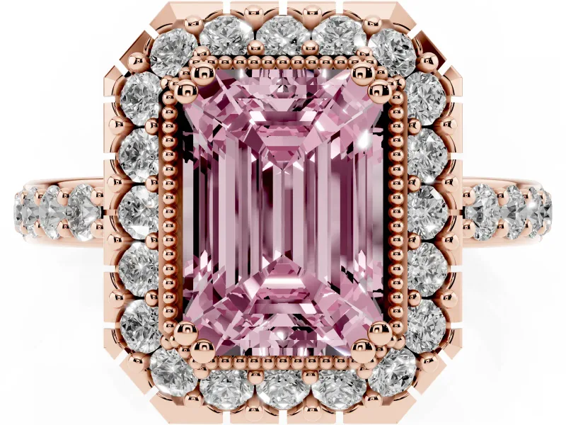 Emerald Cut Milgrain Halo Engagement Ring Setting for a Fancy Pink Lab-Grown Diamond | Pavé Shoulders | Rose Gold