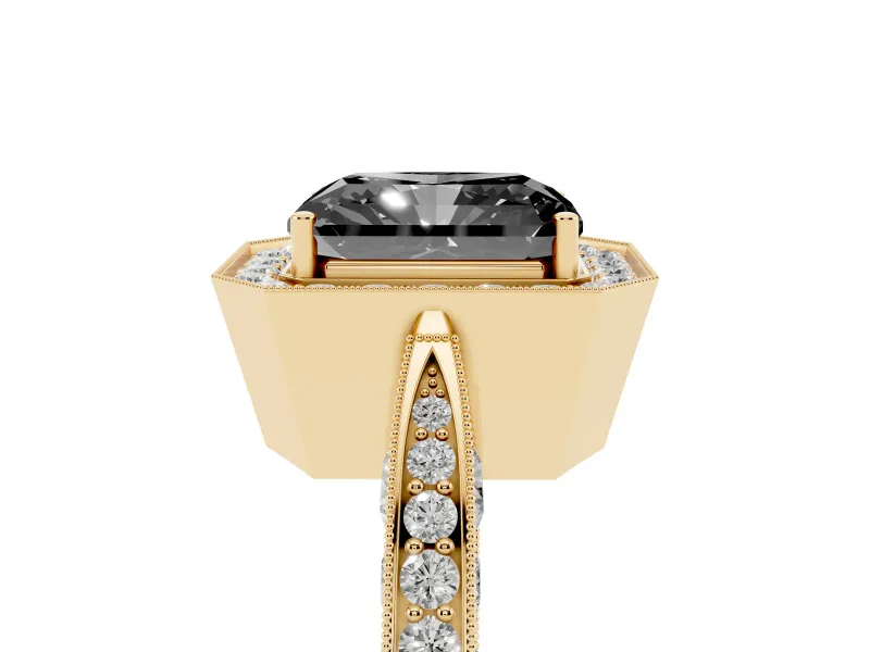 Radiant Cut Milgrain Halo Engagement Ring Setting for a Black Center | Side Stones | Yellow Gold