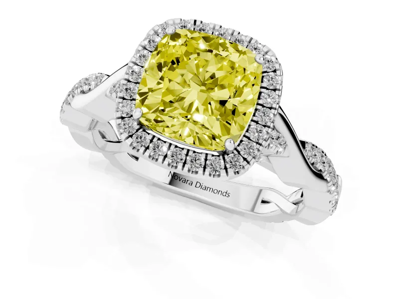 Cushion Cut Halo Engagement Ring Setting for a Fancy Yellow Lab-Grown Diamond | Pavé Twist Band | Sterling Silver