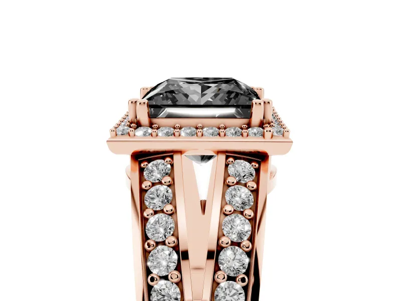 Princess Cut Halo Engagement Ring Setting for a Black Center | Two-Row Pavé Split Shank | Rose Gold