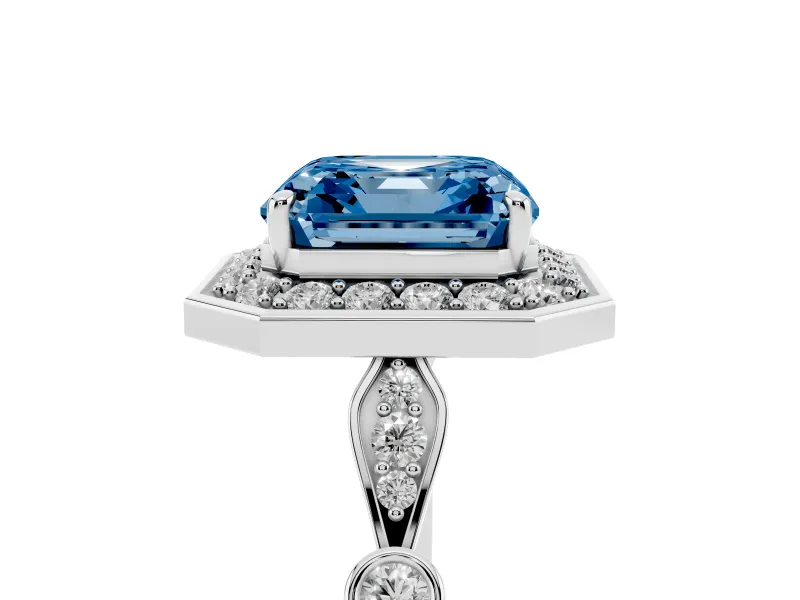 Asscher Cut Vintage Halo Engagement Ring Setting for a Fancy Blue Lab-Grown Diamond | Bezel Station Shoulders | Platinum