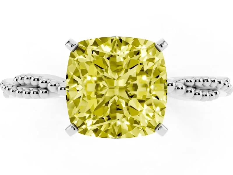 Fancy Yellow Cushion Cut Diamond Solitaire Ring Set in Platinum with Twisted Band and Bead Prong Setting