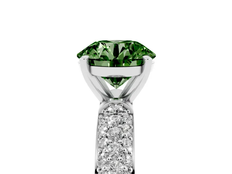 Fancy Green Round Cut Diamond Solitaire Ring Set in White gold with Prong Setting and Pavé-Set Band