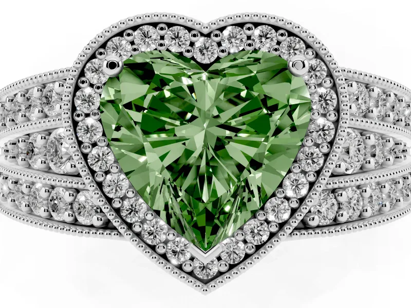 Fancy Green Heart Cut Diamond Halo Ring Set in Platinum with Accent Split Shank and Prong Setting