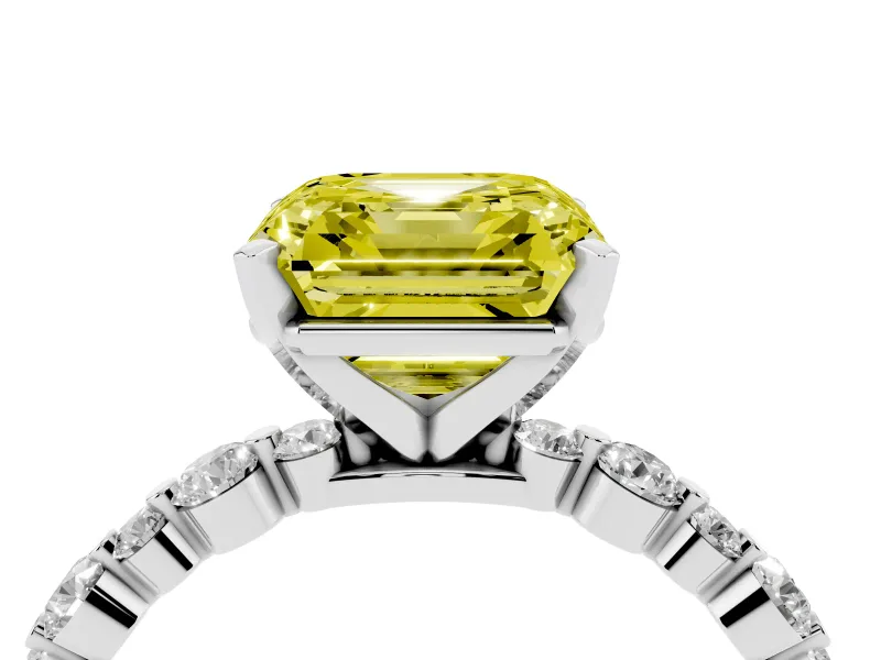 Fancy Yellow Asscher Cut Diamond Prong Set Engagement Ring Set in Silver with Round Accent Pavé Band