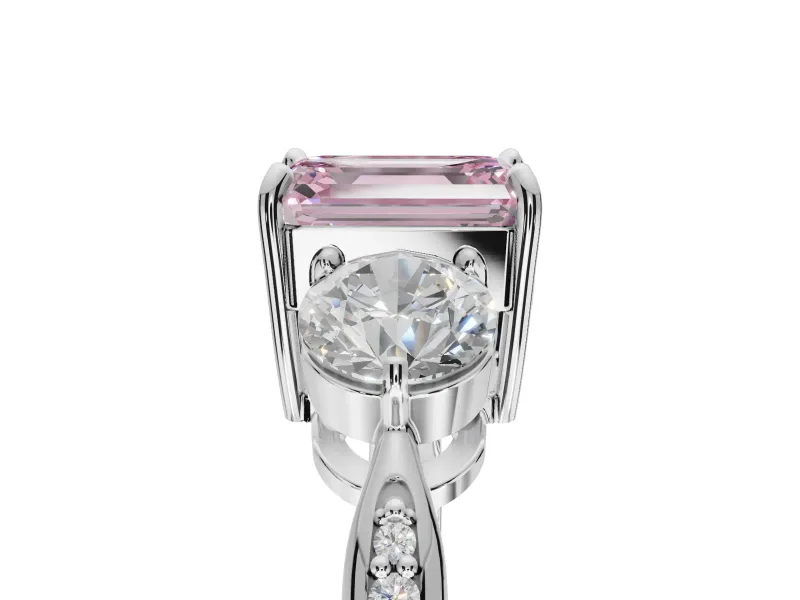 Emerald Cut Three Stone Engagement Ring Setting for a Fancy Pink Lab-Grown Diamond | Tapered Pave Band | White Gold