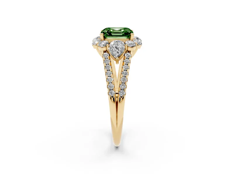 Fancy Green Asscher Cut Diamond Halo Split Shank Engagement Ring Set in Yellow gold with Prong-Held Center Stone
