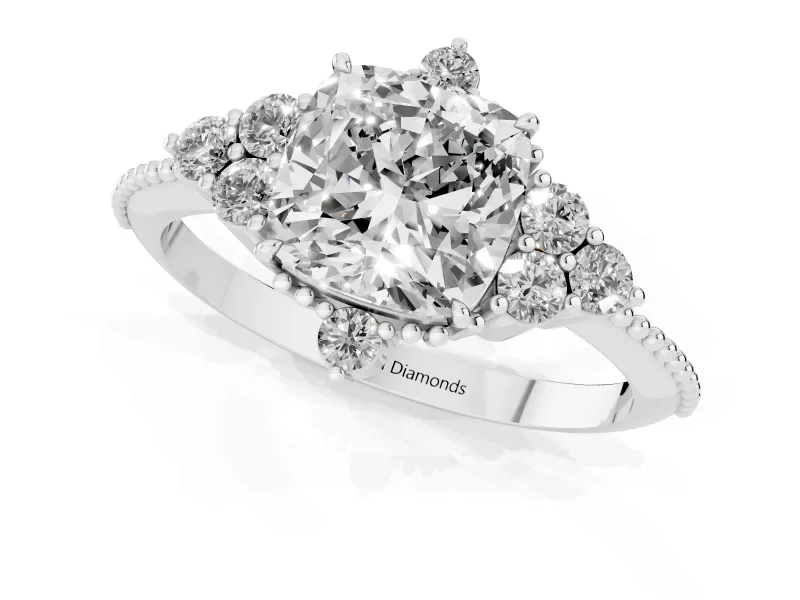 Cushion Cut Vintage Cluster Engagement Ring Setting | Beaded Edges | White Gold