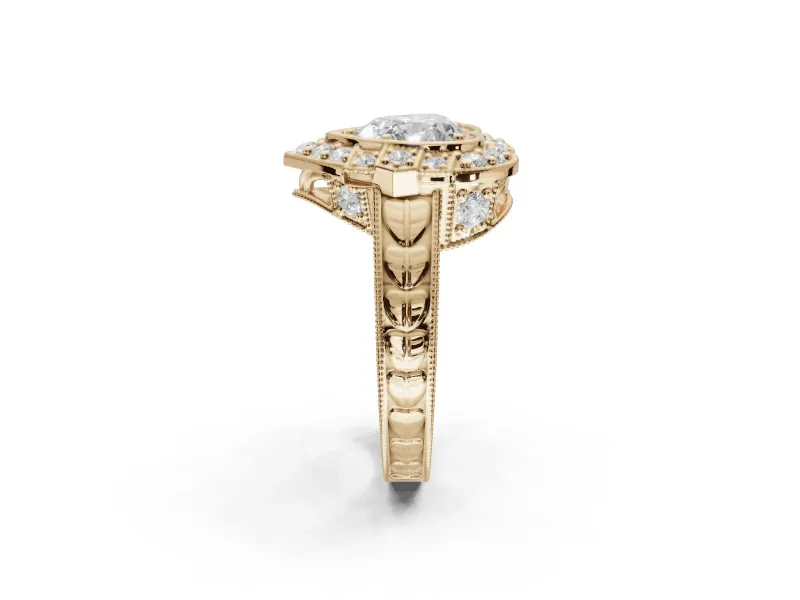 Heart-Shaped Vintage Halo Engagement Ring Setting | Art Deco Side Panels | Yellow Gold