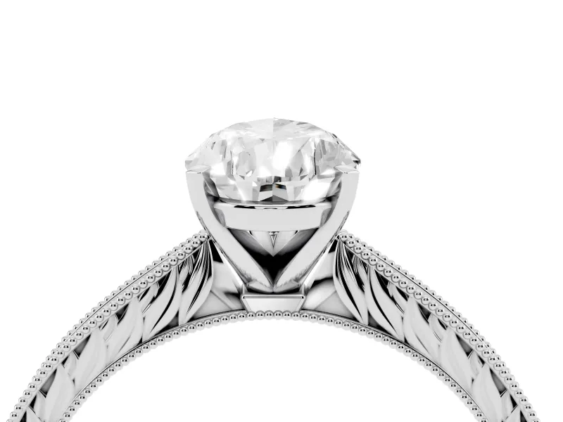 Pear Cut Diamond Solitaire Milgrain Engraved Band Set in White gold with Prong Setting