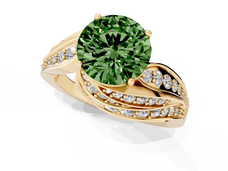 Round Bypass Hidden Halo Engagement Ring Setting for a Fancy Green Lab-Grown Diamond | Graduated Pavé | Yellow Gold