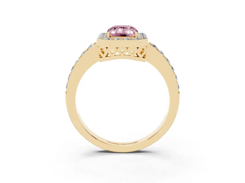 Fancy Pink Emerald Cut Diamond Halo Ring Set in Yellow gold with Pavé-Setting Band and Open Prong Center