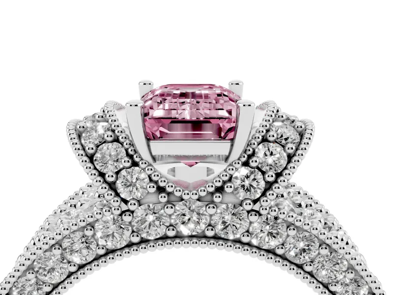 Emerald Cut Vintage Pave Engagement Ring Setting for a Fancy Pink Lab-Grown Diamond | Milgrain Edges | Sterling Silver