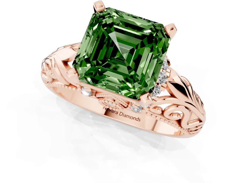 Fancy Green Asscher Cut Diamond Filigree Halo Engagement Ring Set in Rose gold with Prong Setting