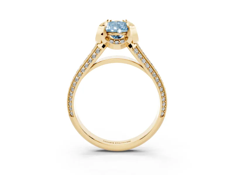 Fancy Blue Pear Cut Diamond Pavé Split Shank Solitaire Ring Set in Yellow gold with Prong Setting