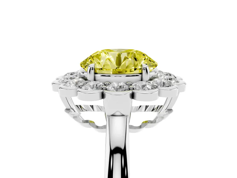 Round Scalloped Cluster Halo Engagement Ring Setting for a Fancy Yellow Lab-Grown Diamond | Plain Band | Platinum