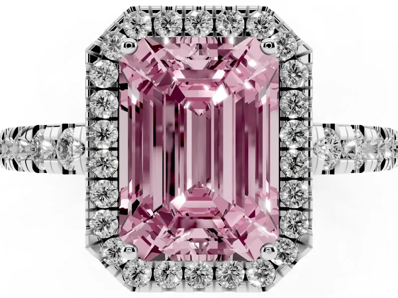 Fancy Pink Emerald Cut Diamond Halo Ring Set in Platinum with Delicate Pavé Band and Prong Setting