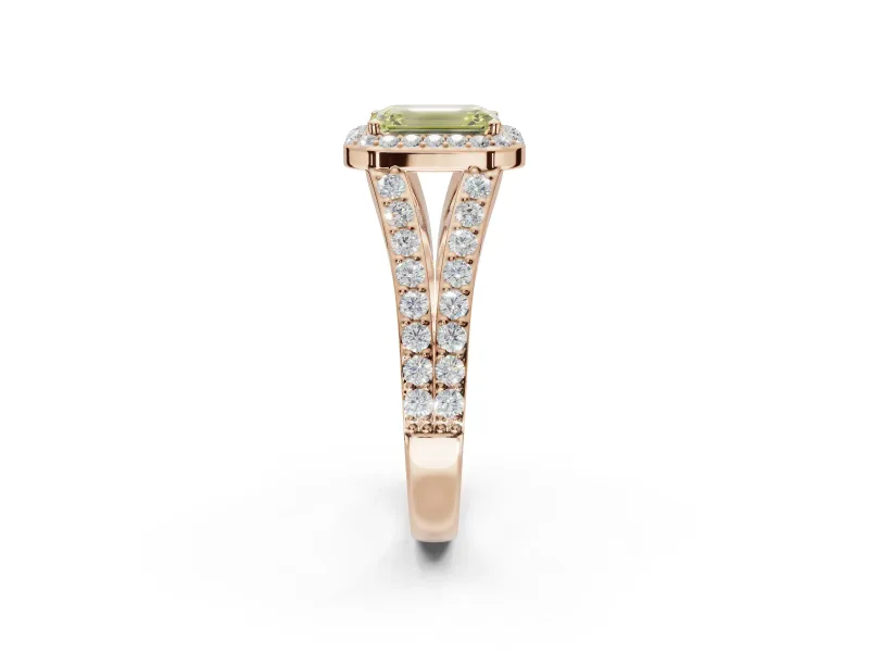Emerald Cut Halo Pavé Engagement Ring Setting for a Fancy Yellow Lab-Grown Diamond | Narrow Split Shank | Rose Gold