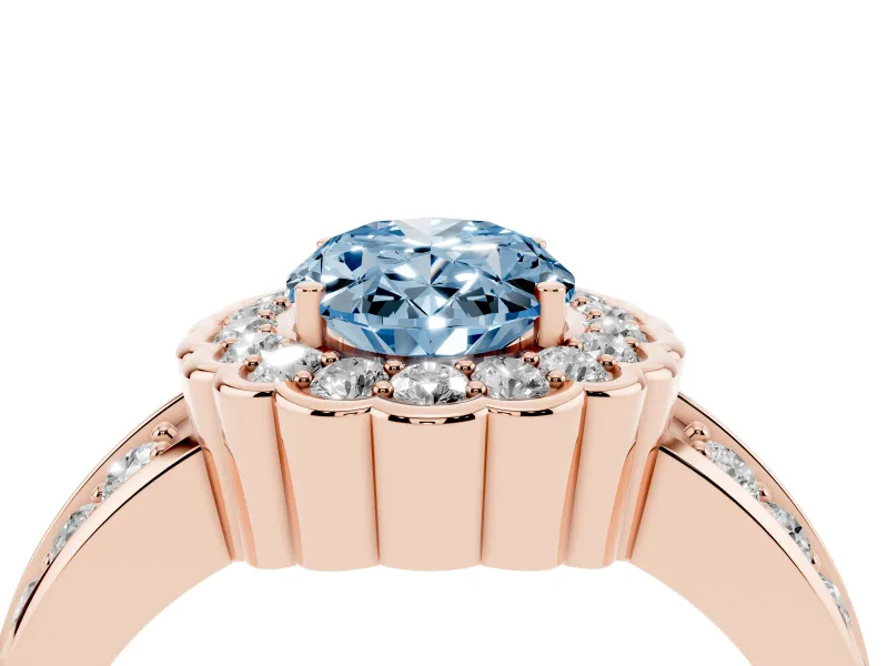 Fancy Blue Oval Cut Diamond Scalloped Halo Ring Set in Rose gold with Pavé Split Shank