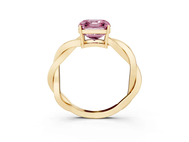 Fancy Pink Asscher Cut Diamond Solitaire Twisted Pavé Ring Set in Yellow gold with Prong Setting