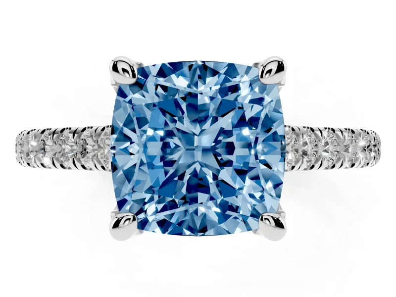 Cushion Cut Hidden Halo Pave Engagement Ring Setting for a Fancy Blue Lab-Grown Diamond | Claw Prongs | Platinum