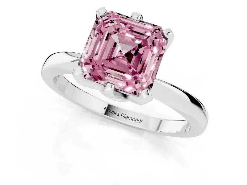 Fancy Pink Asscher Cut Diamond Solitaire Engagement Ring Set in Silver with Slim Tapered Solitaire Band
