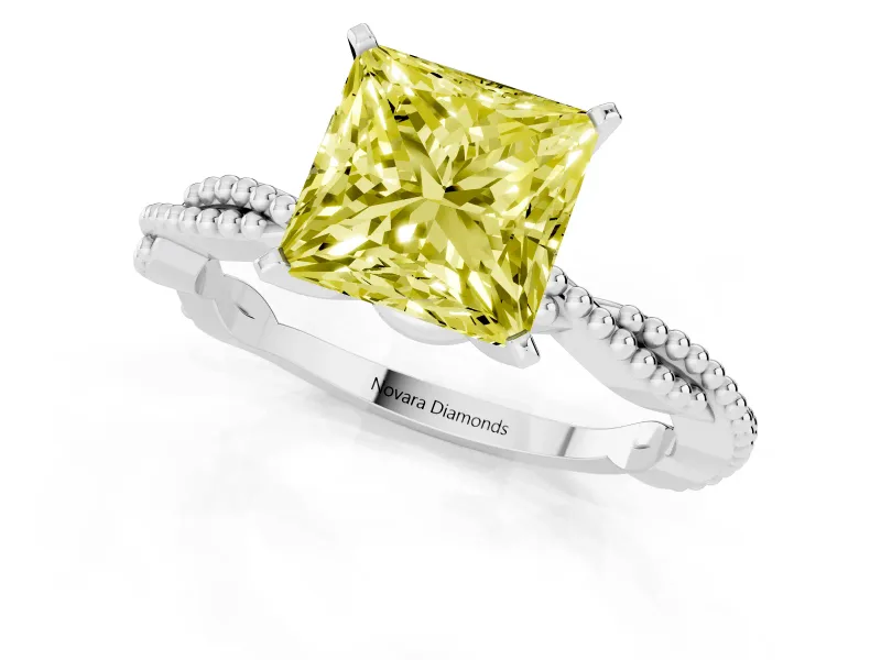 Fancy Yellow Princess Cut Diamond Solitaire Ring Set in Silver with Twisted Band and Bead Prong Setting