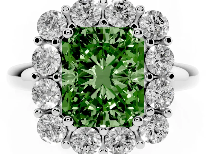 Radiant Cut Cluster Halo Engagement Ring Setting for a Fancy Green Lab-Grown Diamond | Large Round Accents | White Gold