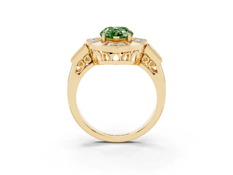 Fancy Green Pear Cut Diamond Milgrain Halo Ring Set in Yellow gold with Split Shank