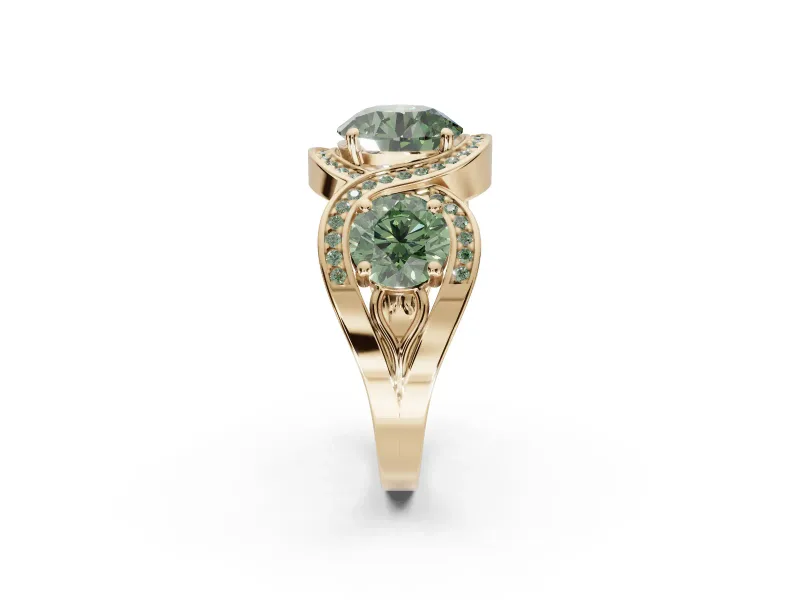 Round Three Stone Halo Engagement Ring Setting for a Fancy Green Lab-Grown Diamond | Pavé Wave Band | Yellow Gold