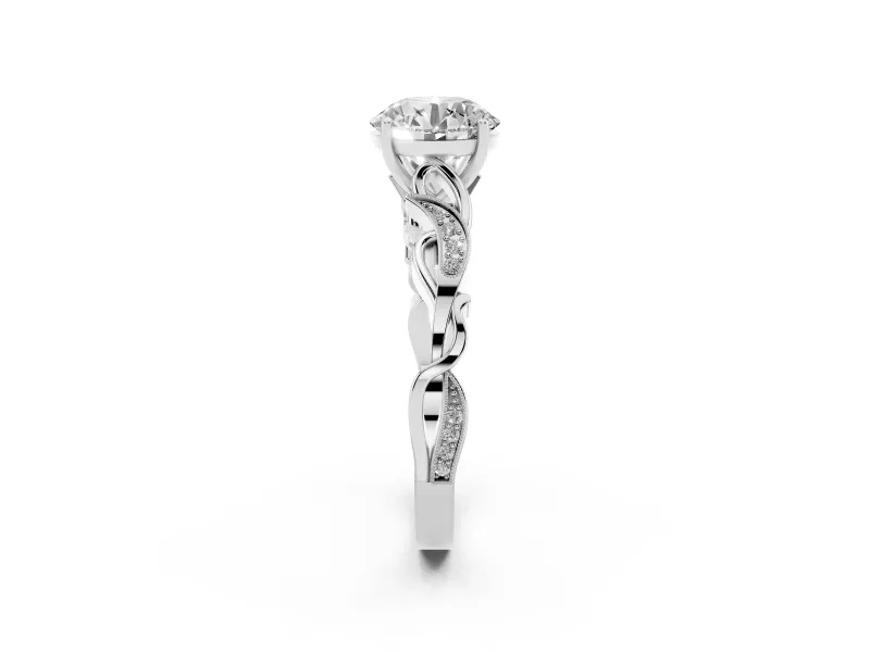 Round Vintage Vine Solitaire Engagement Ring Setting | Milgrain Leaves | Sterling Silver
