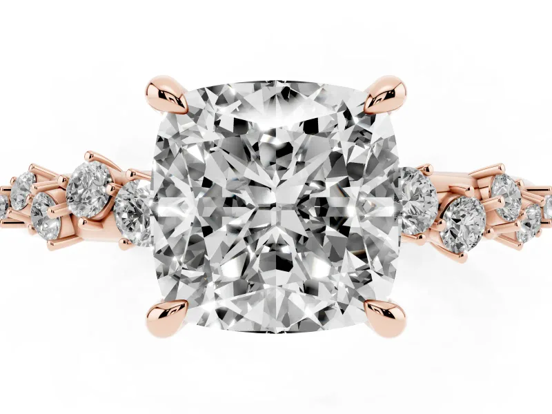 Cushion Cut Graduated Accent Engagement Ring Setting | Scattered Shoulders | Rose Gold
