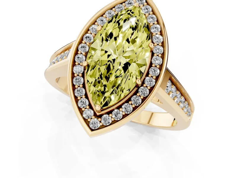 Fancy Yellow Marquise Cut Diamond Halo Solitaire Ring Set in Yellow gold with Pavé Band and Bezel Setting