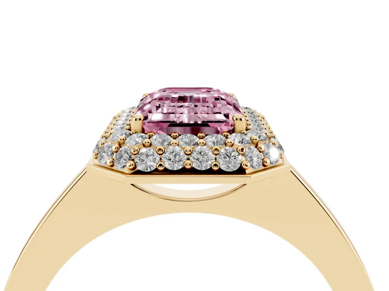 Fancy Pink Emerald Cut Diamond Halo Engagement Ring Set in Yellow gold with Solitaire Band and Prong Setting