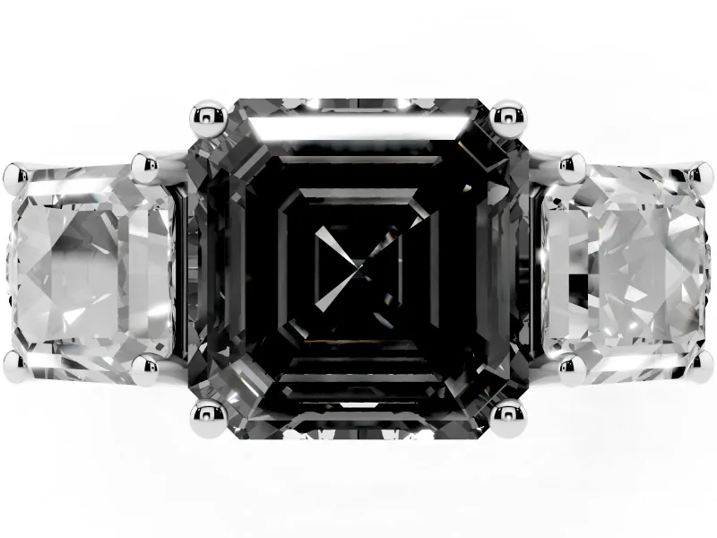 Asscher Cut Three Stone Engagement Ring Setting for a Black Center | Accented Shoulders | Sterling Silver